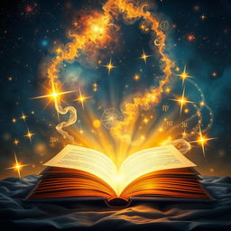 An enchanting book cover design featuring a mystical glowing book at the bottom of the scene, with the book open and radiant golden light emanating from its pages, illuminating the surrounding elements