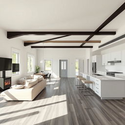 An inviting open-concept room, viewed from the main entrance