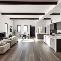 An inviting open-concept room, viewed from the main entrance