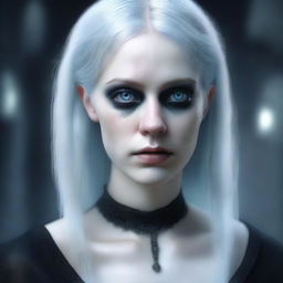 A hyper-realistic, high-quality digital art piece depicting a ghostly, female character with a gothic aesthetic