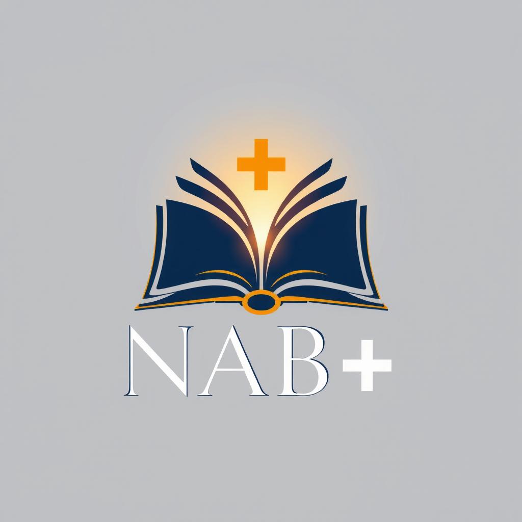 A modern and minimalistic logo design for NAB+, featuring an open book with glowing pages, showcasing a plus sign creatively integrated into the design