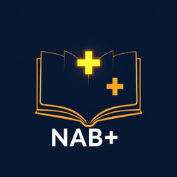 A modern and minimalistic logo design for NAB+, featuring an open book with glowing pages, showcasing a plus sign creatively integrated into the design