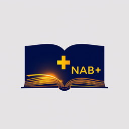 A modern and minimalistic logo design for NAB+, featuring an open book with glowing pages, showcasing a plus sign creatively integrated into the design