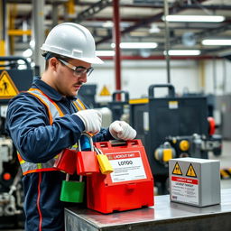 A person locking up LOTO (Lockout/Tagout) equipment in a well-organized industrial setting