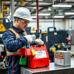 A person locking up LOTO (Lockout/Tagout) equipment in a well-organized industrial setting