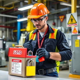 A person locking up LOTO (Lockout/Tagout) equipment in a well-organized industrial setting