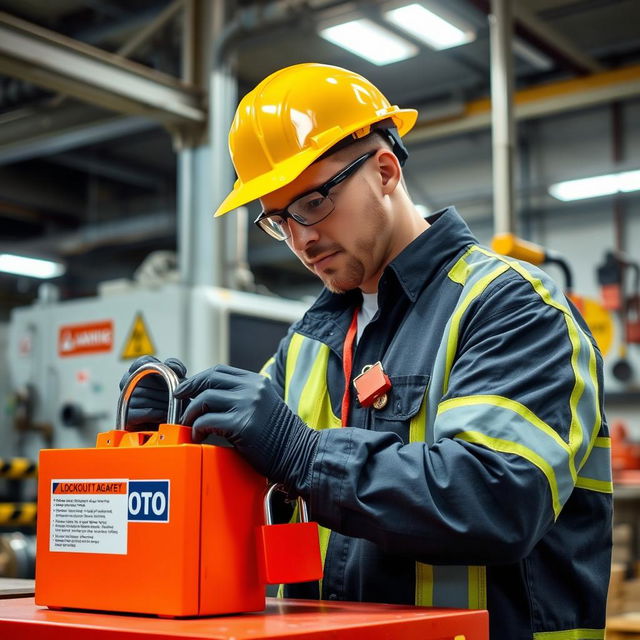 A person locking up LOTO (Lockout/Tagout) equipment in a well-organized industrial setting