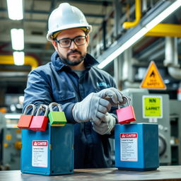 A person locking up LOTO (Lockout/Tagout) equipment in a well-organized industrial setting