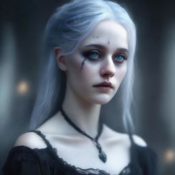 A hyper-realistic, high-quality digital art piece depicting a ghostly, female character with a gothic aesthetic