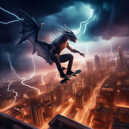 A daredevil skateboarder soaring mid-air amidst a turbulent storm, lit by intensive lightning, performing an awe-inspiring trick above a futuristic glowing city, with dragons soaring in the backdrop.