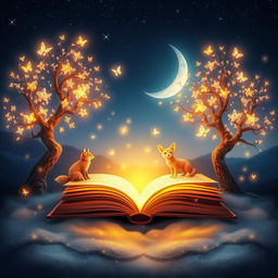 A captivating book cover design featuring a mystical glowing book at the bottom, open and radiating a warm, golden light from its pages