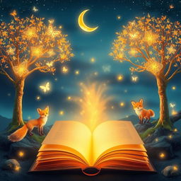A captivating book cover design featuring a mystical glowing book at the bottom, open and radiating a warm, golden light from its pages