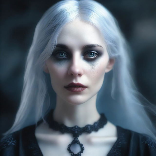 A hyper-realistic, high-quality digital art piece depicting a ghostly, female character with a gothic aesthetic