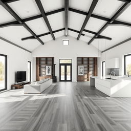 A spacious open-concept living area designed with a modern aesthetic