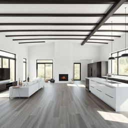 A spacious open-concept living area designed with a modern aesthetic