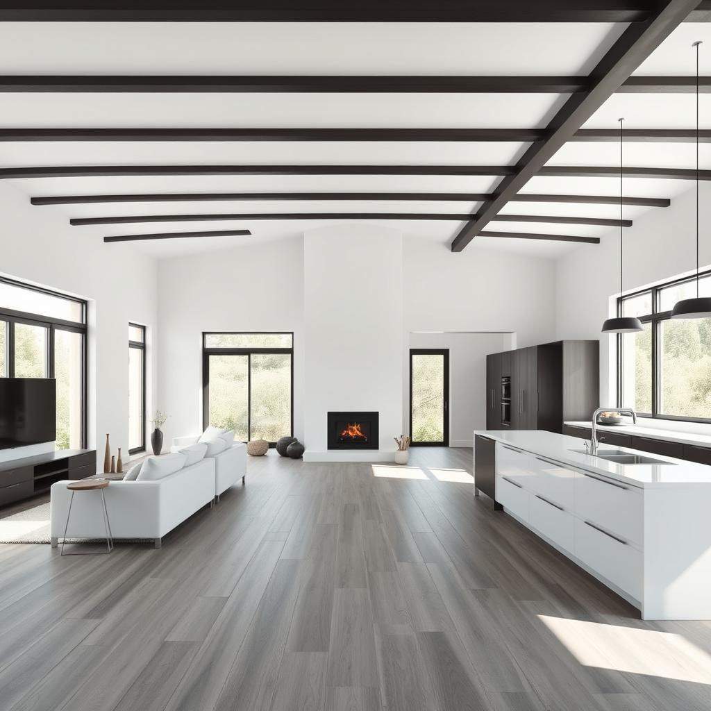A spacious open-concept living area designed with a modern aesthetic