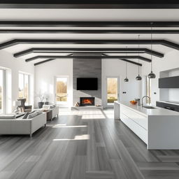 A spacious open-concept living area designed with a modern aesthetic