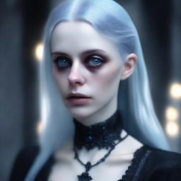 A hyper-realistic, high-quality digital art piece depicting a ghostly, female character with a gothic aesthetic