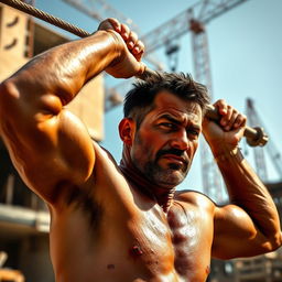 A determined man working hard in a bright, sunlit construction site, covered in sweat, showcasing his physical effort