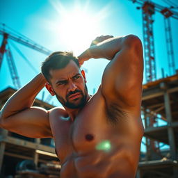 A determined man working hard in a bright, sunlit construction site, covered in sweat, showcasing his physical effort