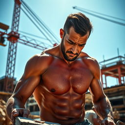A determined man working hard in a bright, sunlit construction site, covered in sweat, showcasing his physical effort