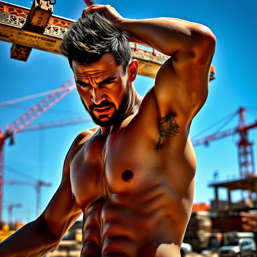 A determined man working hard in a bright, sunlit construction site, covered in sweat, showcasing his physical effort