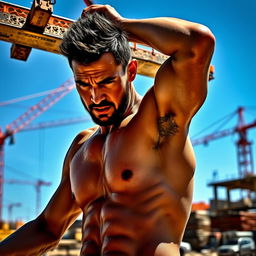 A determined man working hard in a bright, sunlit construction site, covered in sweat, showcasing his physical effort