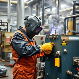 A welder in a chemical plant, carefully performing Lockout/Tagout (LOTO) procedures on dangerous machinery