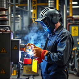 A welder in a chemical plant, carefully performing Lockout/Tagout (LOTO) procedures on dangerous machinery