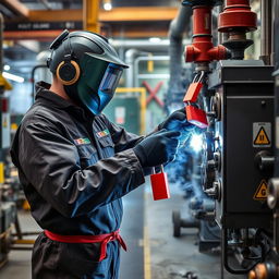 A welder in a chemical plant, carefully performing Lockout/Tagout (LOTO) procedures on dangerous machinery