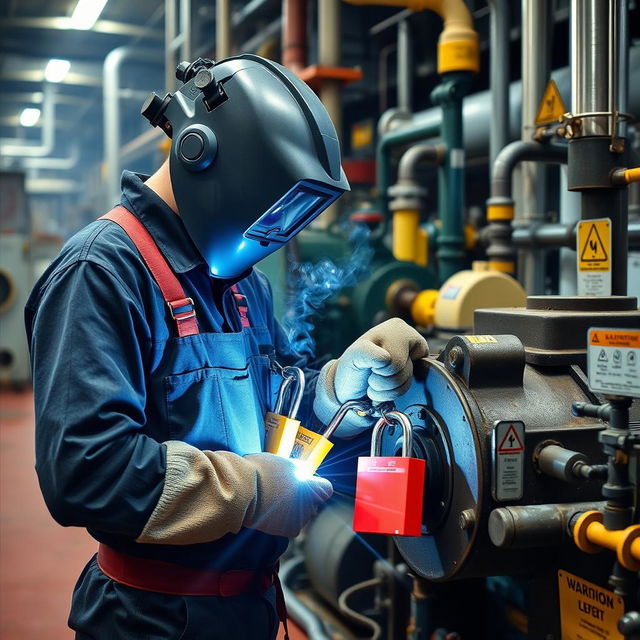 A welder in a chemical plant, carefully performing Lockout/Tagout (LOTO) procedures on dangerous machinery