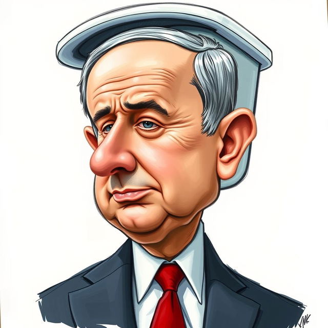 A caricature of Benjamin Netanyahu with an oversized head shaped like a toilet, showcasing exaggerated features characteristic of caricature art