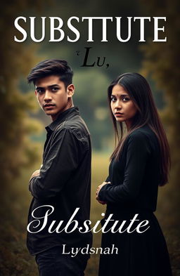A dramatic book cover for the title "Substitute", featuring a young man and a young woman standing apart in a tense pose, symbolizing their forced marriage