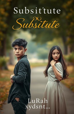 A dramatic book cover for the title "Substitute", featuring a young man and a young woman standing apart in a tense pose, symbolizing their forced marriage