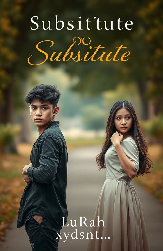 A dramatic book cover for the title "Substitute", featuring a young man and a young woman standing apart in a tense pose, symbolizing their forced marriage