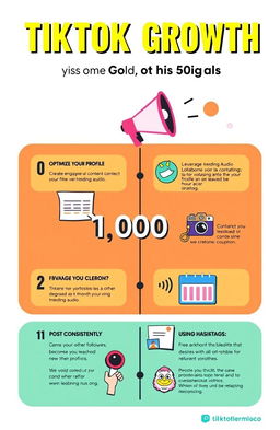 A visually engaging infographic illustrating a guide to TikTok growth, focusing on strategies to grow from 0 to 10,000 followers