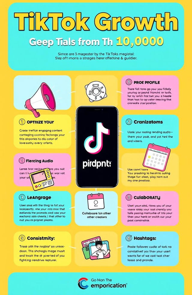 A visually engaging infographic illustrating a guide to TikTok growth, focusing on strategies to grow from 0 to 10,000 followers