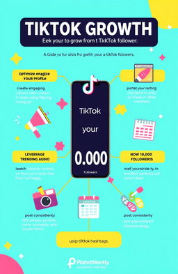 A visually engaging infographic illustrating a guide to TikTok growth, focusing on strategies to grow from 0 to 10,000 followers