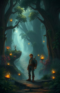 An enchanting fantasy landscape depicting a dense, mystical realm filled with towering trees, vibrant flora, and ethereal creatures