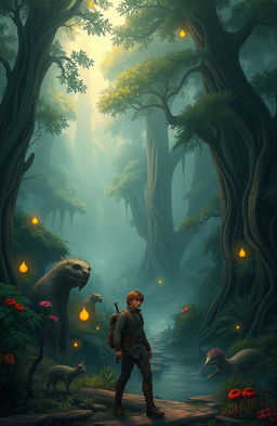 An enchanting fantasy landscape depicting a dense, mystical realm filled with towering trees, vibrant flora, and ethereal creatures