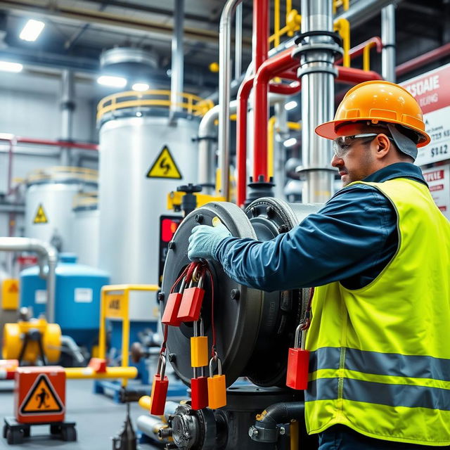 A vibrant scene of a chemical plant showcasing various safety equipment and warning signs