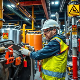 A vibrant scene of a chemical plant showcasing various safety equipment and warning signs