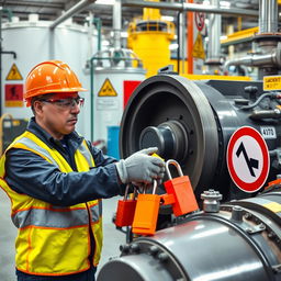 A vibrant scene of a chemical plant showcasing various safety equipment and warning signs