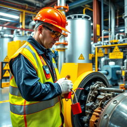 A vibrant scene of a chemical plant showcasing various safety equipment and warning signs