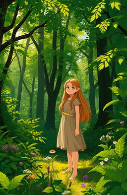 A girl standing in a dense forest, surrounded by lush green trees and vibrant foliage