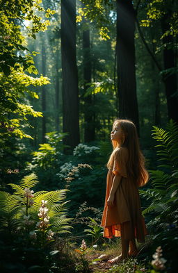 A girl standing in a dense forest, surrounded by lush green trees and vibrant foliage
