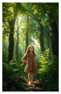 A girl standing in a dense forest, surrounded by lush green trees and vibrant foliage