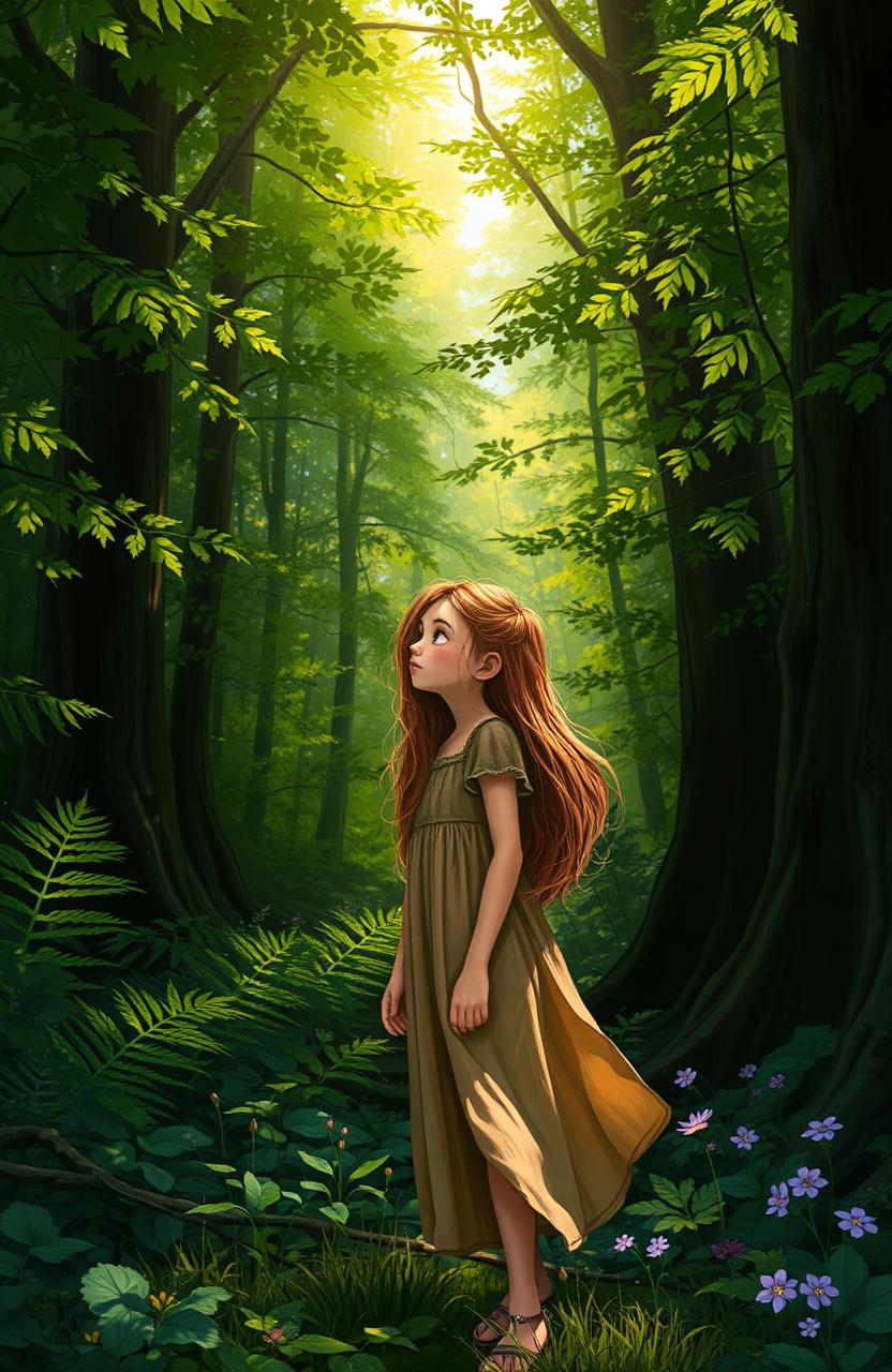 A girl standing in a dense forest, surrounded by lush green trees and vibrant foliage