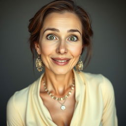 A stunning 40-year-old woman dressed in a sexy yet fully modest outfit, exuding confidence while revealing no skin