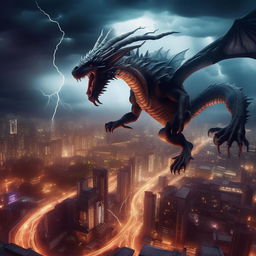 A daredevil skateboarder soaring mid-air amidst a turbulent storm, lit by intensive lightning, performing an awe-inspiring trick above a futuristic glowing city, with dragons soaring in the backdrop.